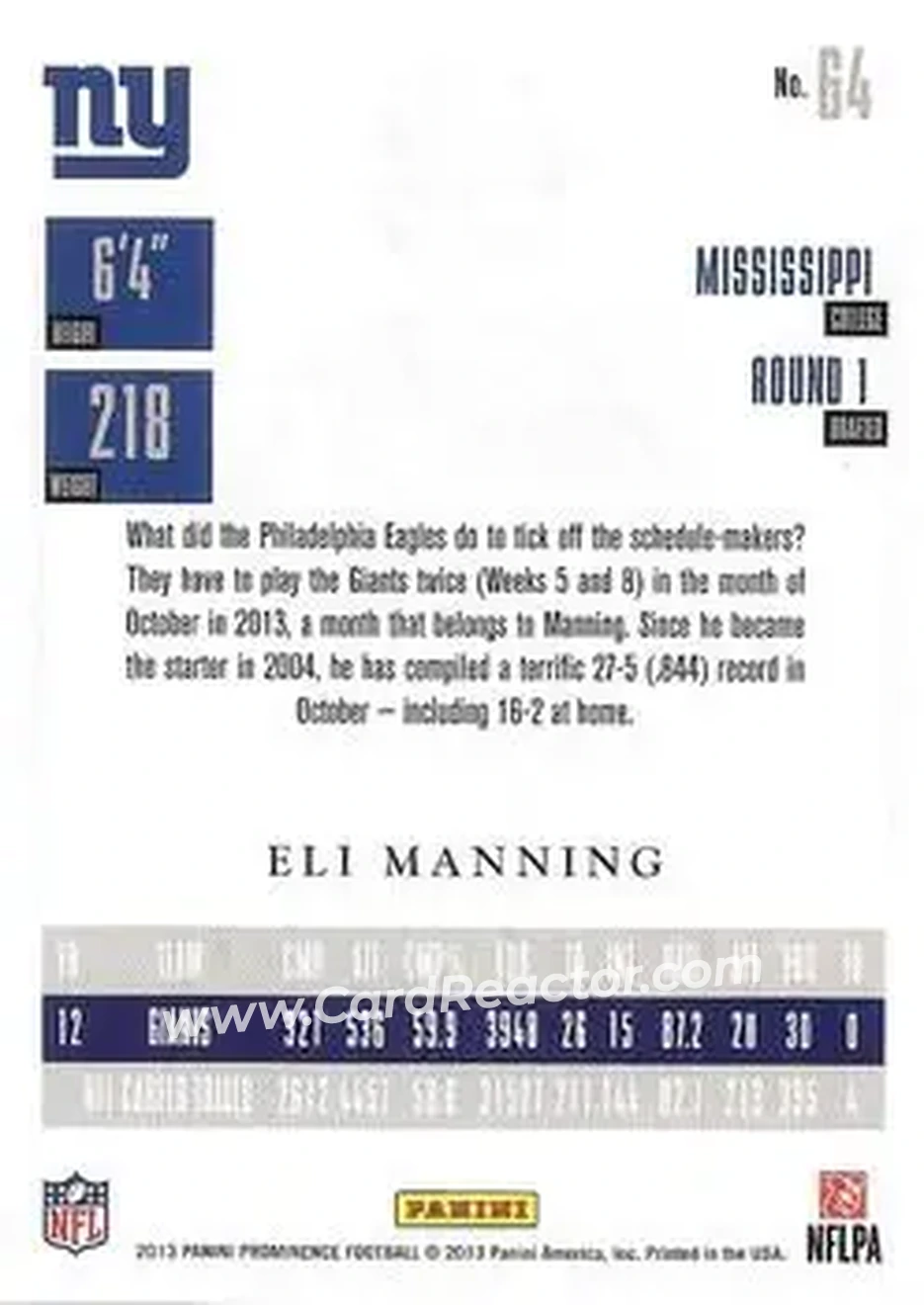 2013 Panini Prominence #64 - Eli Manning - New York Giants - Back 2013 Panini Prominence #64 - Eli Manning - New York Giants - Back