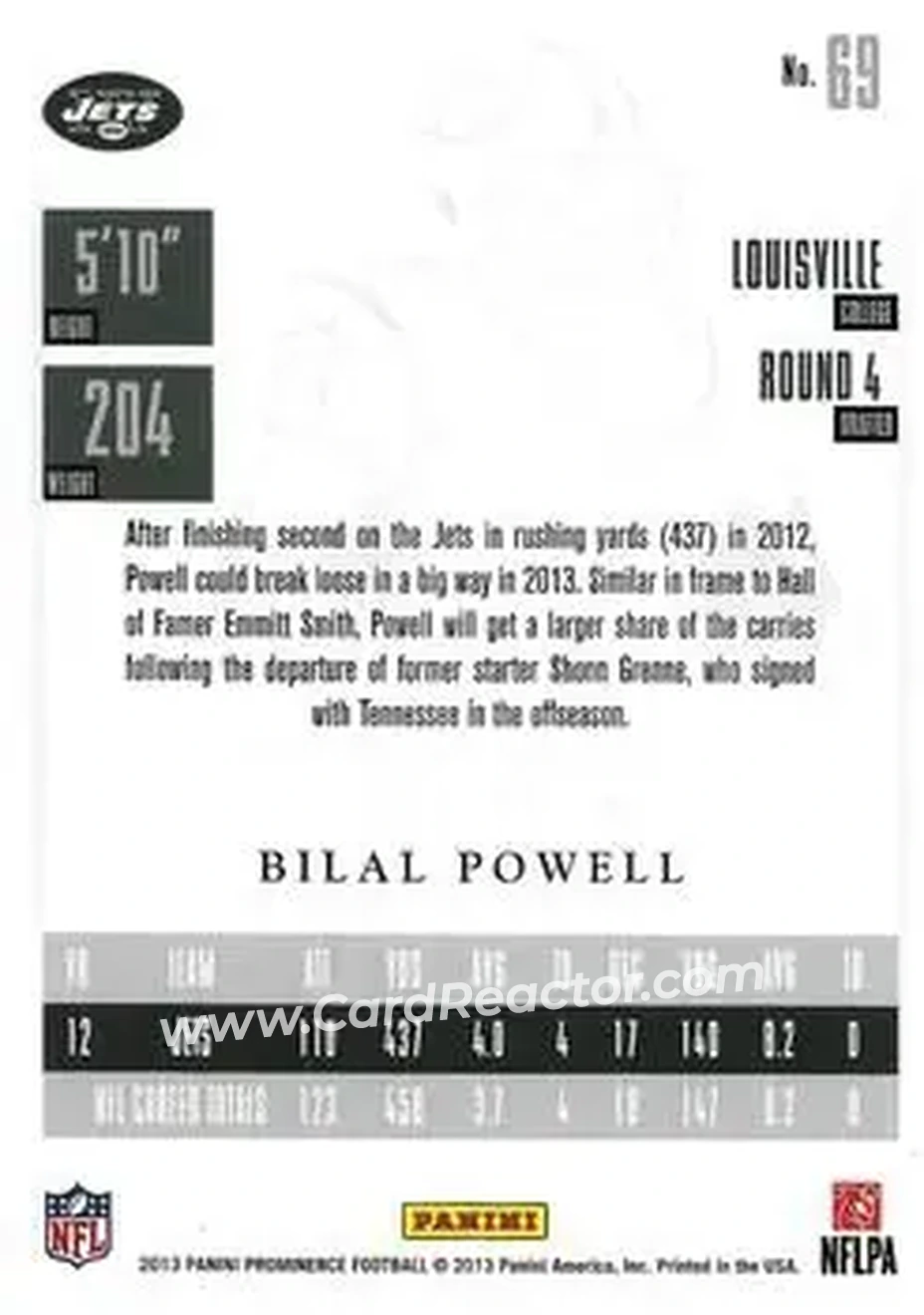 2013 Panini Prominence #69 - Bilal Powell - New York Jets - Back 2013 Panini Prominence #69 - Bilal Powell - New York Jets - Back