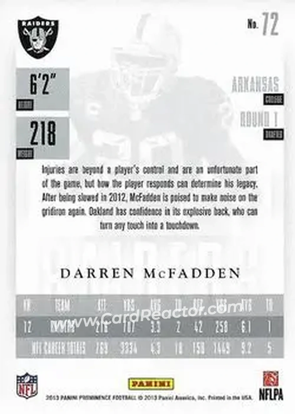 2013 Panini Prominence #72 - Darren McFadden - Oakland Raiders - Back 2013 Panini Prominence #72 - Darren McFadden - Oakland Raiders - Back