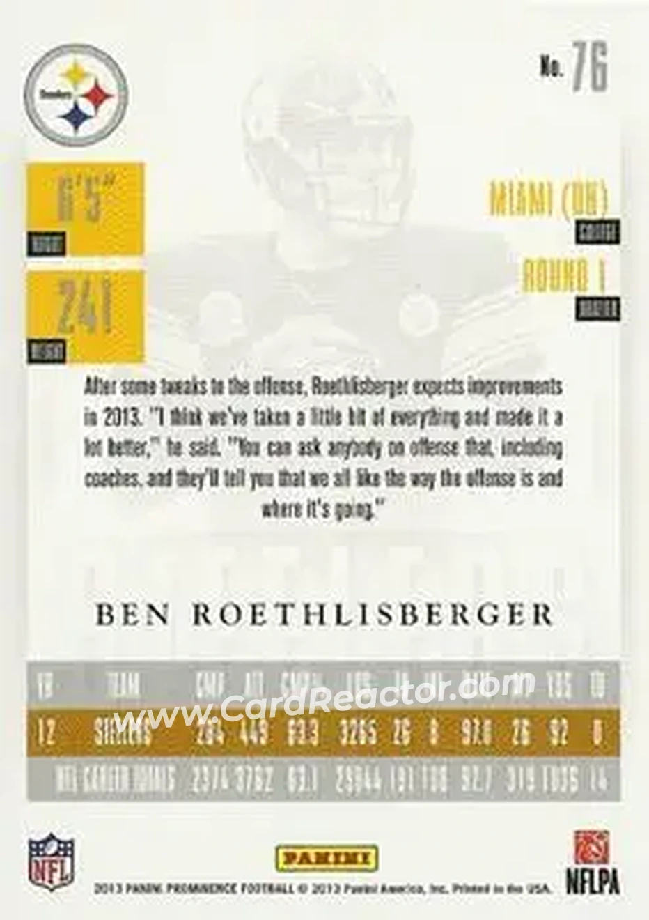 2013 Panini Prominence #76 - Ben Roethlisberger - Pittsburgh Steelers - Back
