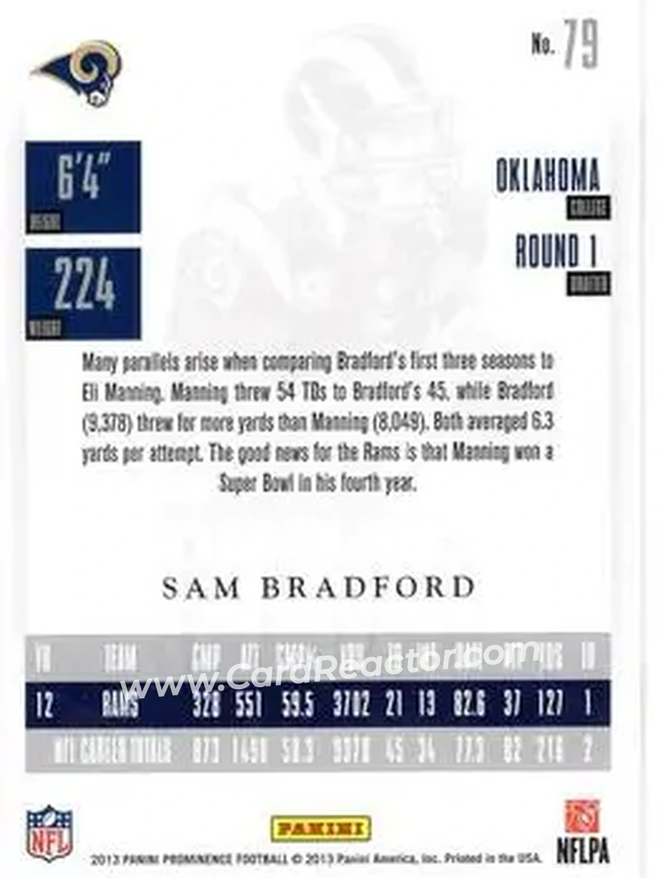 2013 Panini Prominence #79 - Sam Bradford - St. Louis Rams - Back
