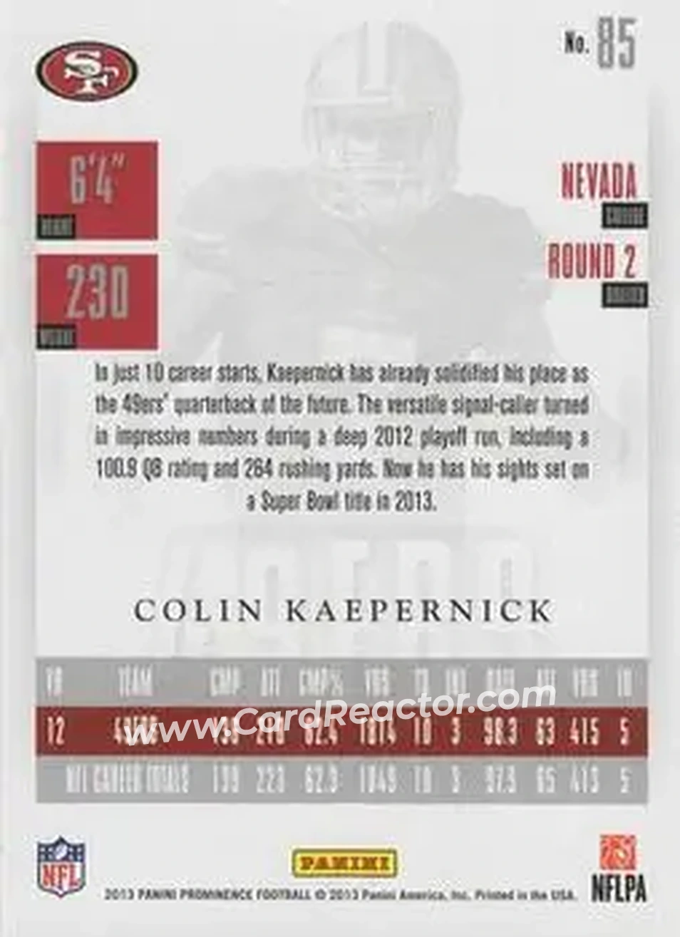 2013 Panini Prominence #85 - Colin Kaepernick - San Francisco 49ers - Back