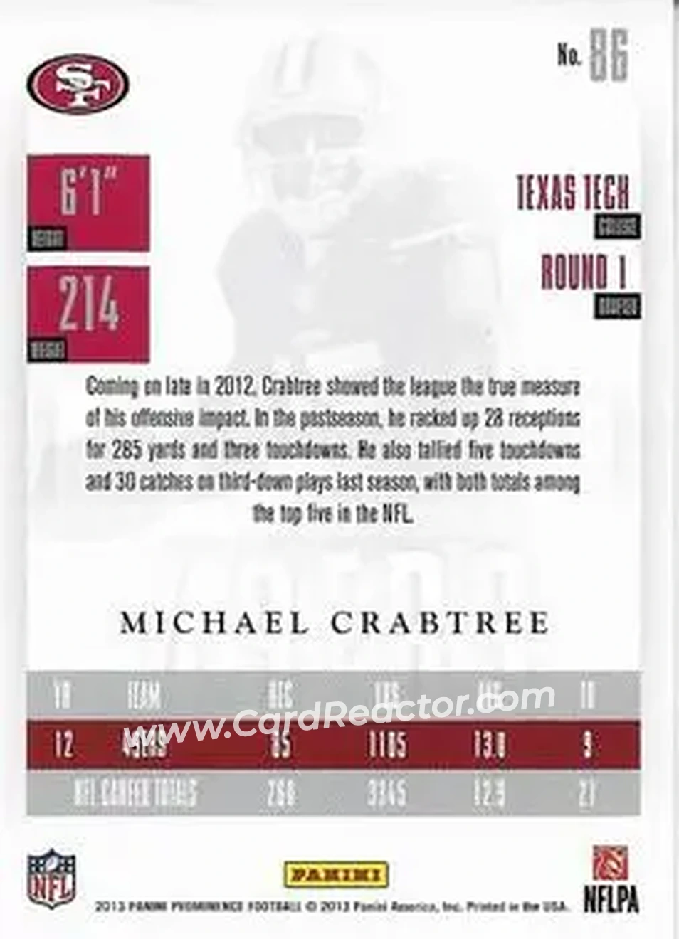 2013 Panini Prominence #86 - Michael Crabtree - San Francisco 49ers - Back