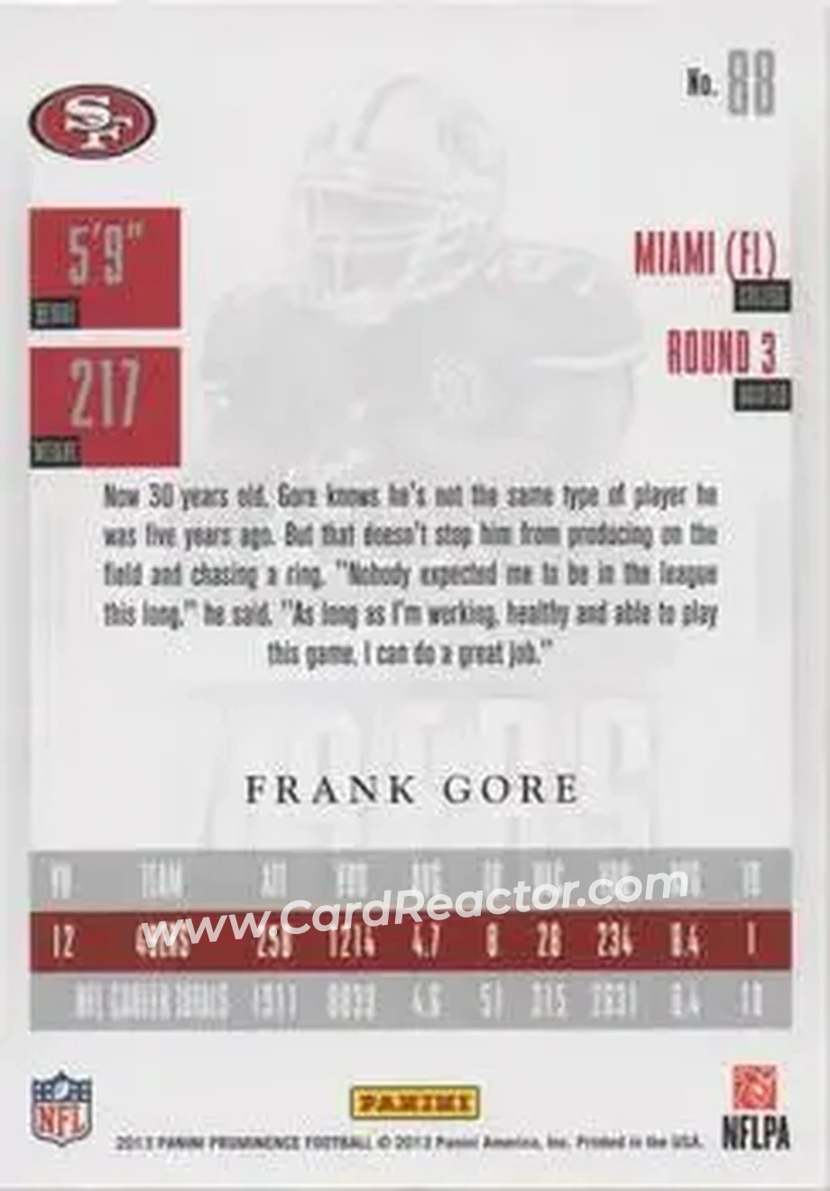 2013 Panini Prominence #88 - Frank Gore - San Francisco 49ers - Back