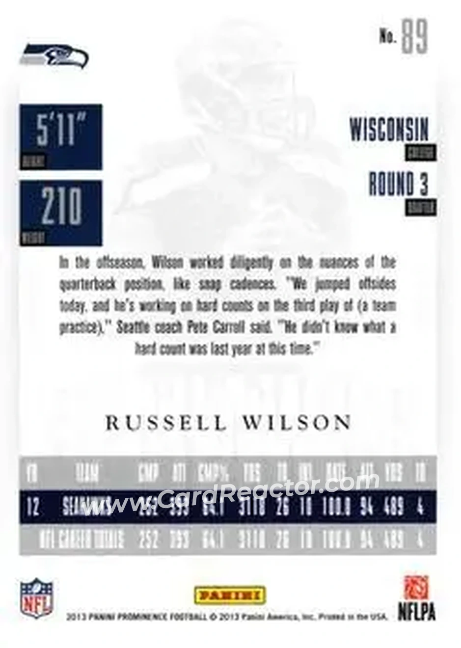 2013 Panini Prominence #89 - Russell Wilson - Seattle Seahawks - Back