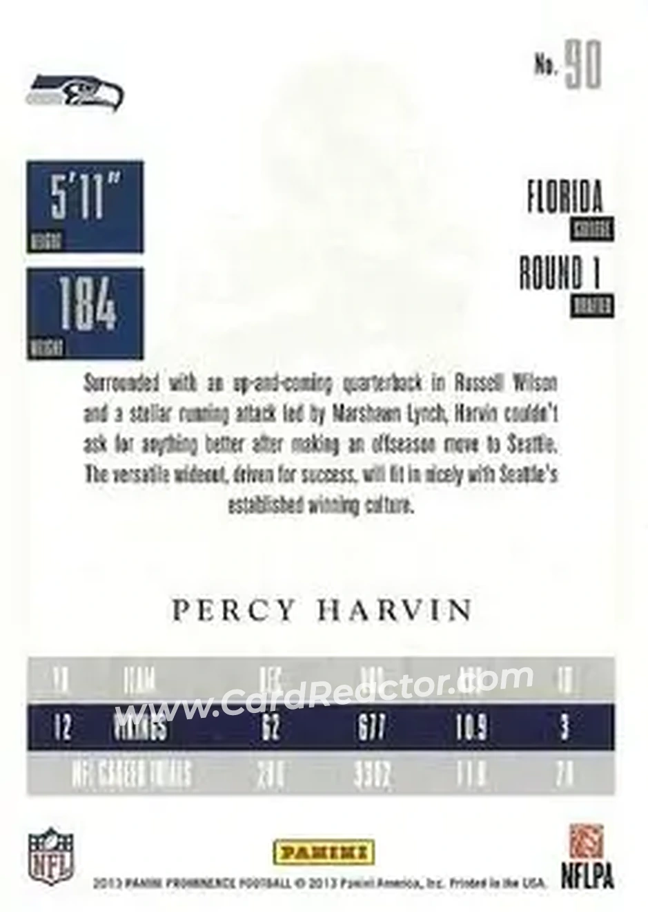 2013 Panini Prominence #90 - Percy Harvin - Seattle Seahawks - Back