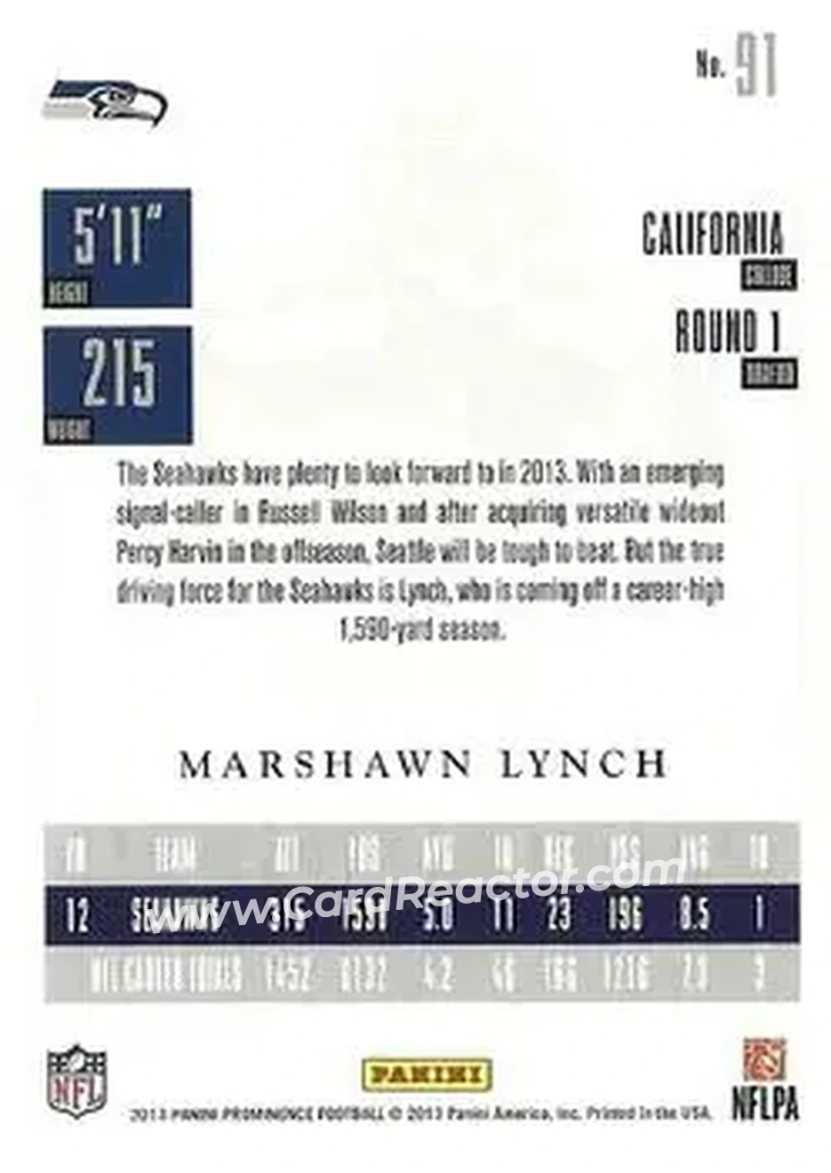 2013 Panini Prominence #91 - Marshawn Lynch - Seattle Seahawks - Back