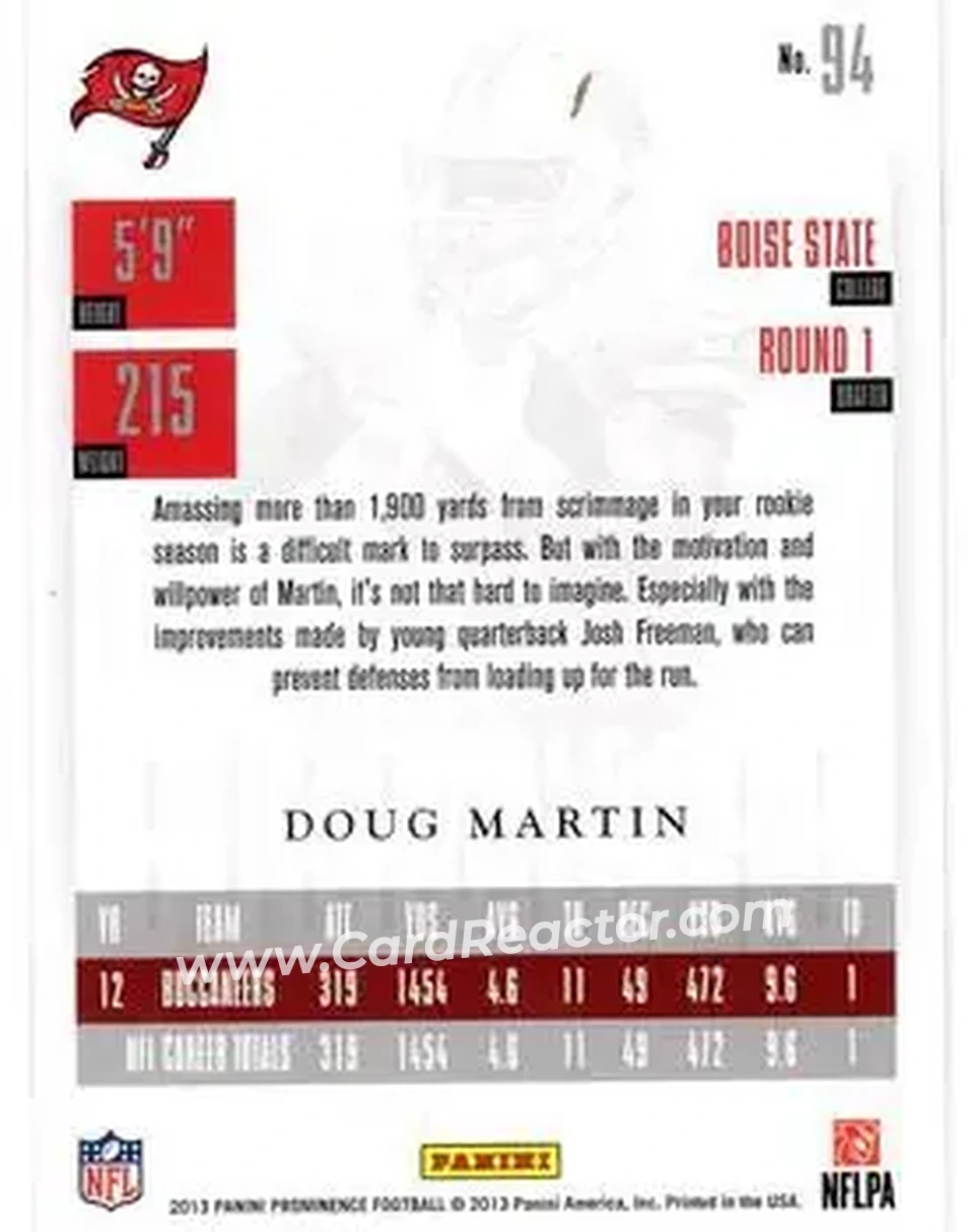 2013 Panini Prominence #94 - Doug Martin - Tampa Bay Buccaneers - Back