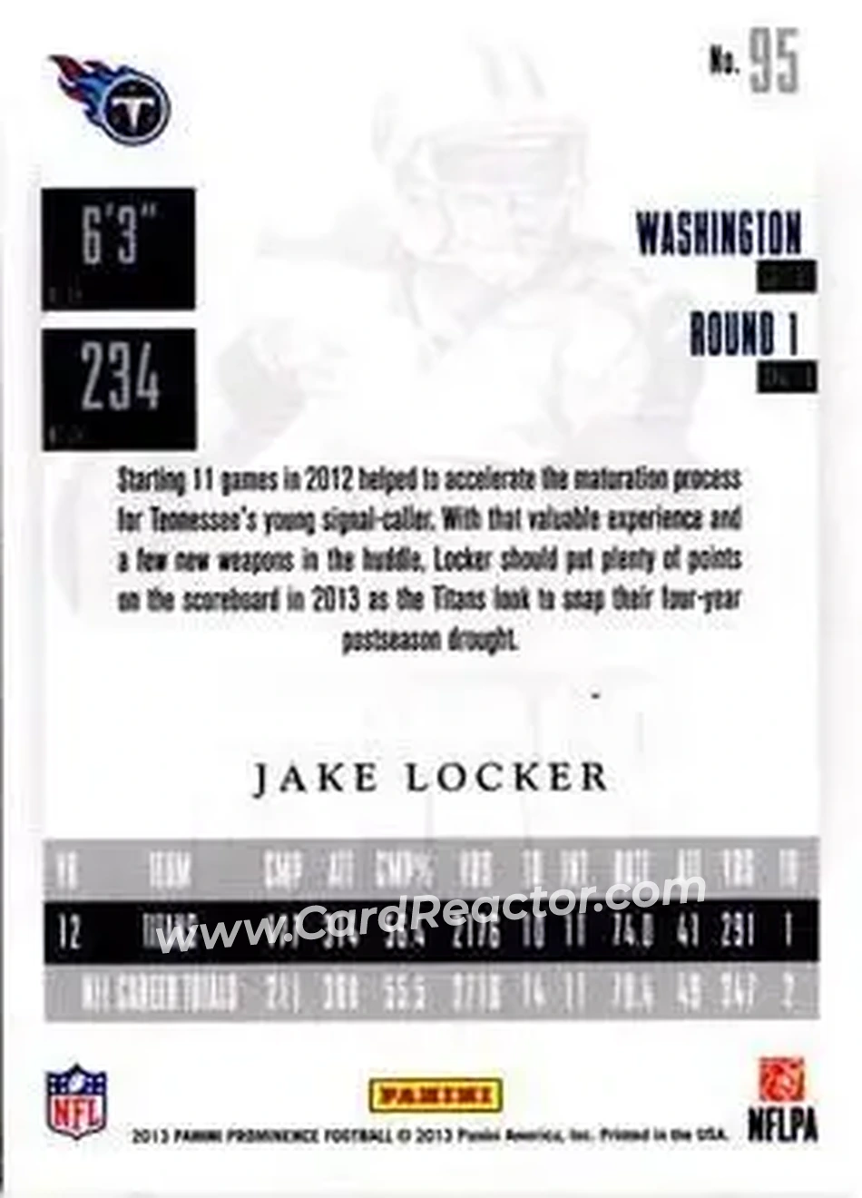 2013 Panini Prominence #95 - Jake Locker - Tennessee Titans - Back