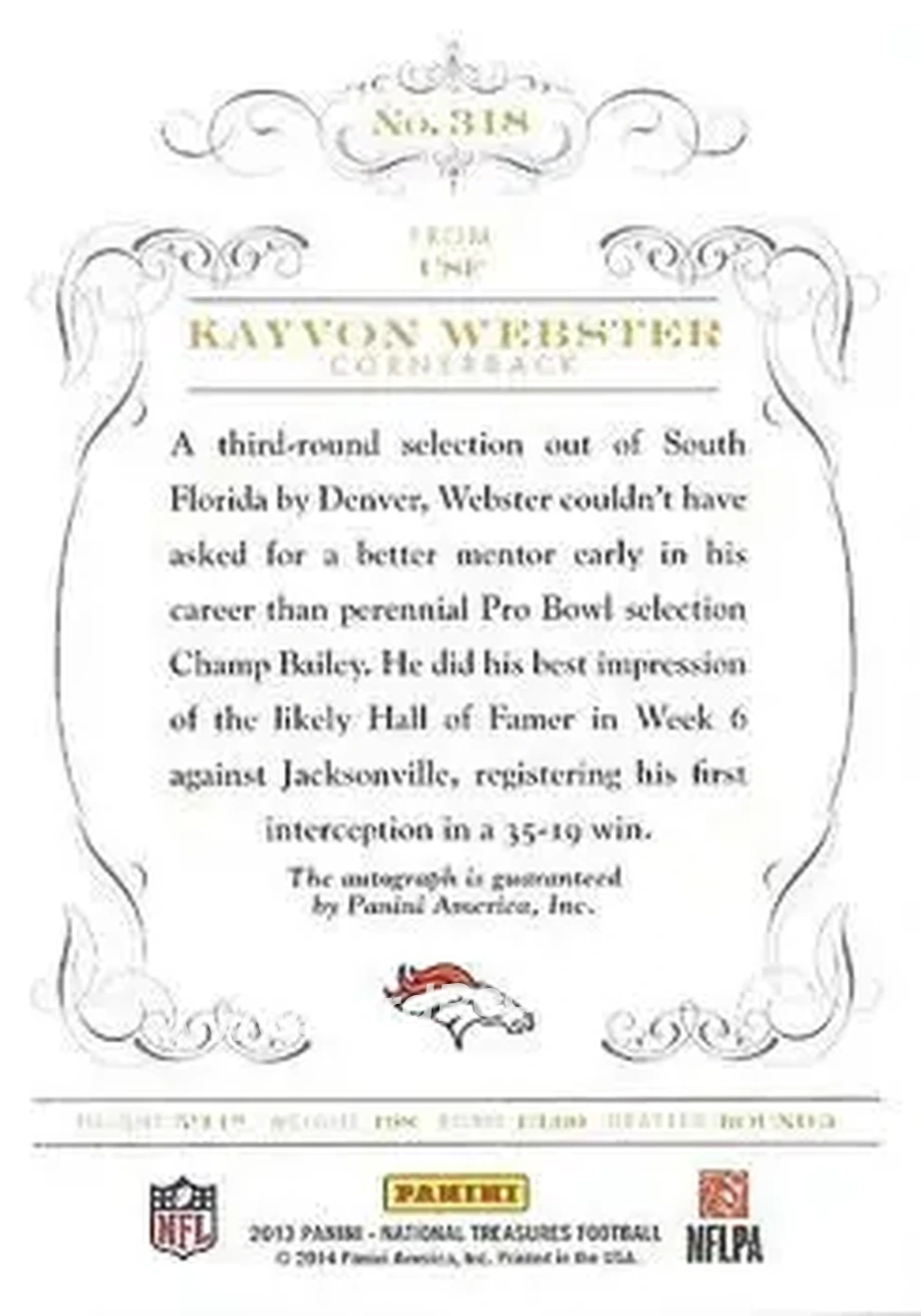 2013 Panini National Treasures #318 - Kayvon Webster - Denver Broncos - Back