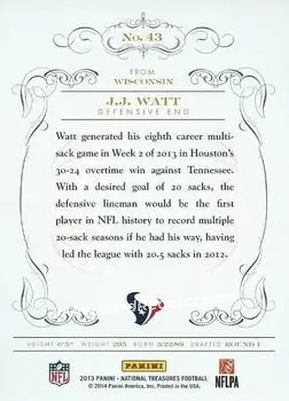 2013 Panini National Treasures - Century Black #43 - J.J. Watt - Houston Texans - Back