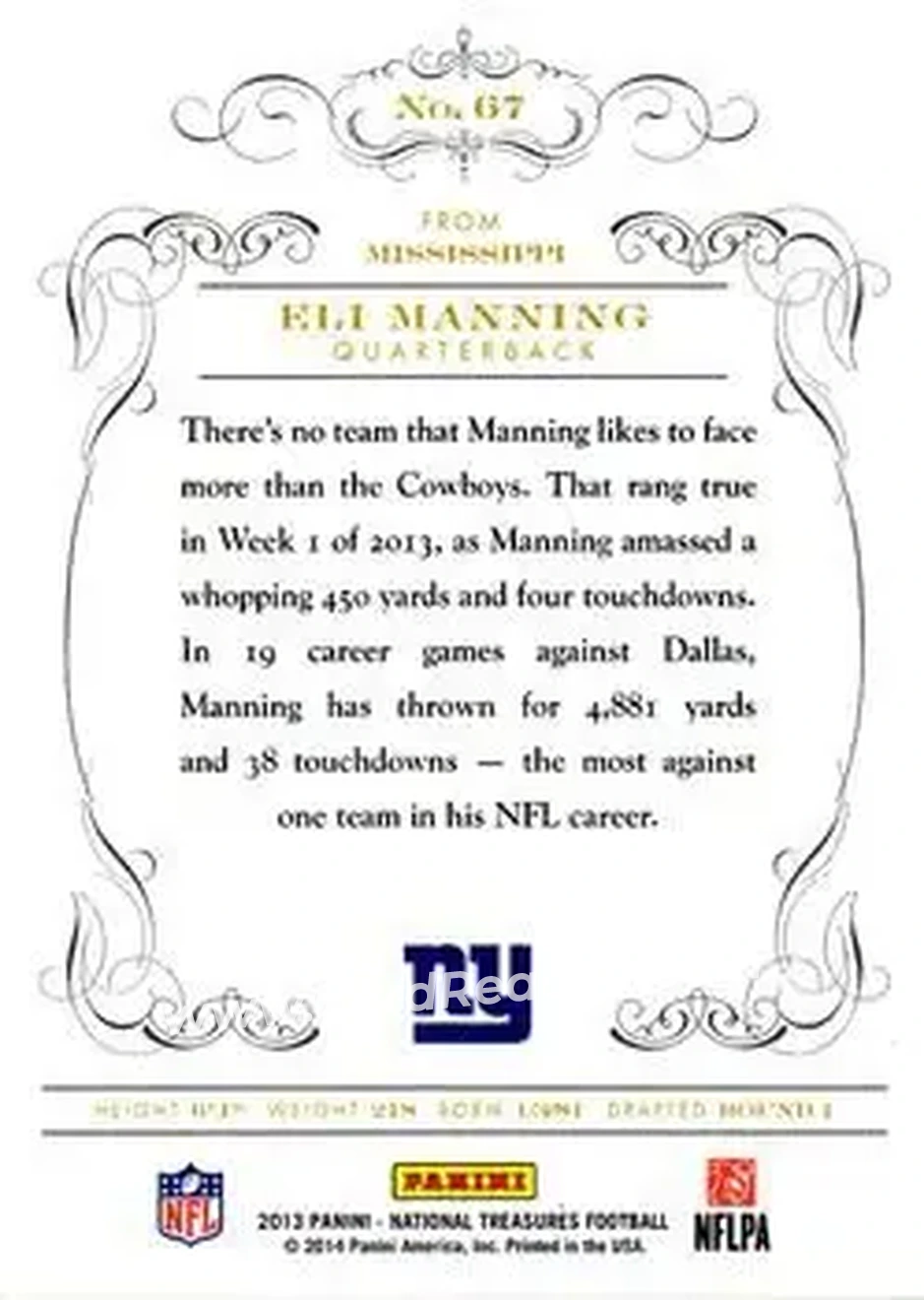 2013 Panini National Treasures - Century Black #67 - Eli Manning - New York Giants - Back