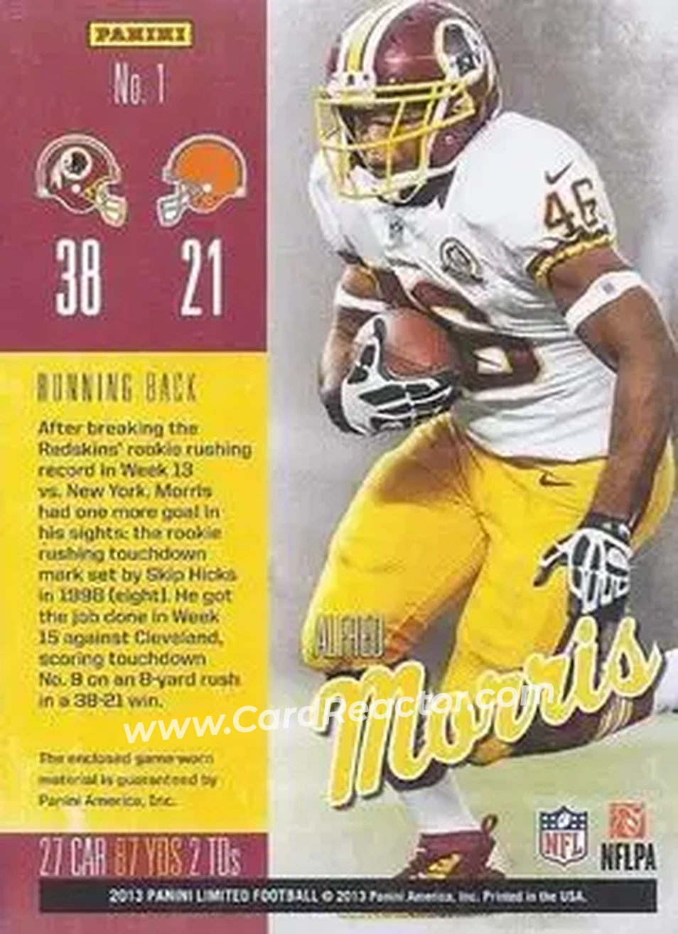 2013 Panini Limited - Game Day Materials #1 - Alfred Morris - Washington Redskins - Back