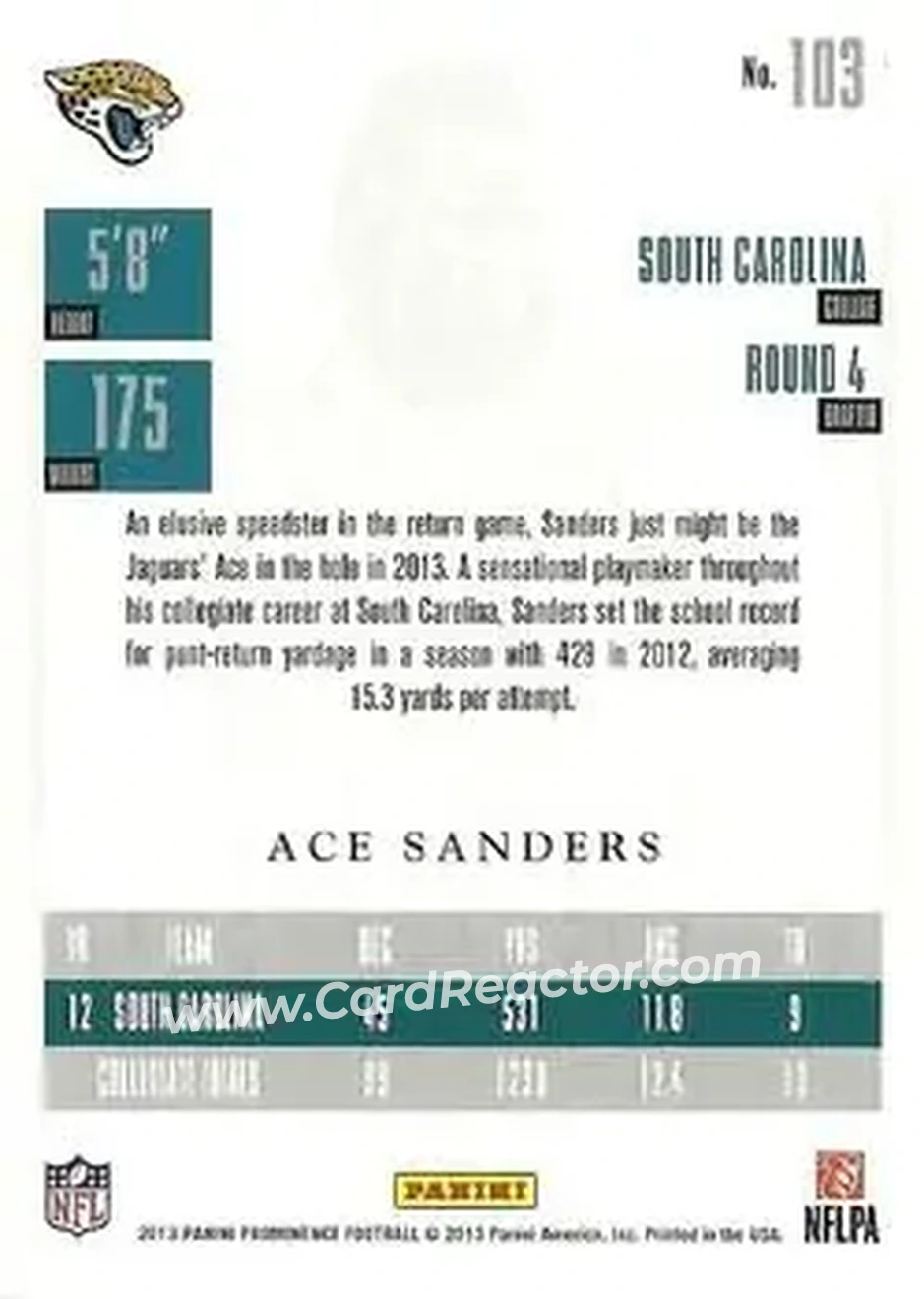 2013 Panini Prominence #103 - Ace Sanders - Jacksonville Jaguars - Back 2013 Panini Prominence #103 - Ace Sanders - Jacksonville Jaguars - Back