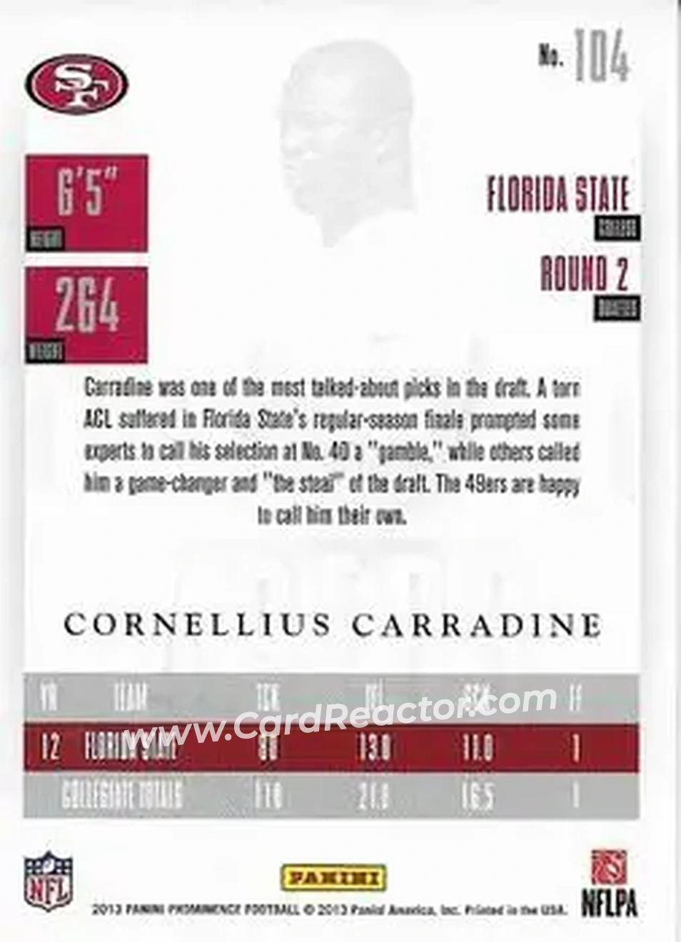 2013 Panini Prominence #104 - Cornellius Carradine - San Francisco 49ers - Back