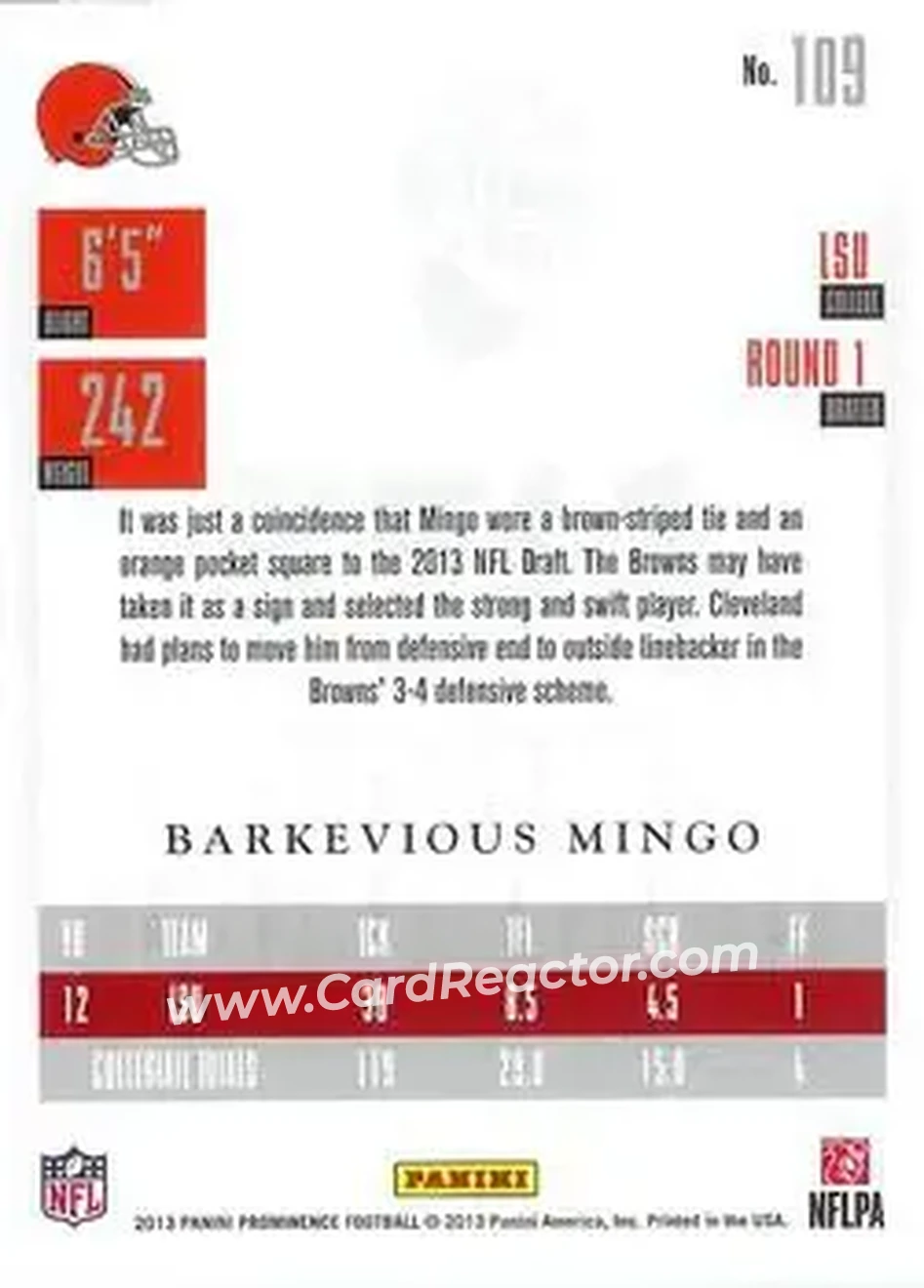 2013 Panini Prominence #109 - Barkevious Mingo - Cleveland Browns - Back