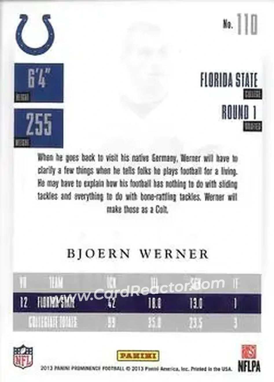 2013 Panini Prominence #110 - Bjoern Werner - Indianapolis Colts - Back