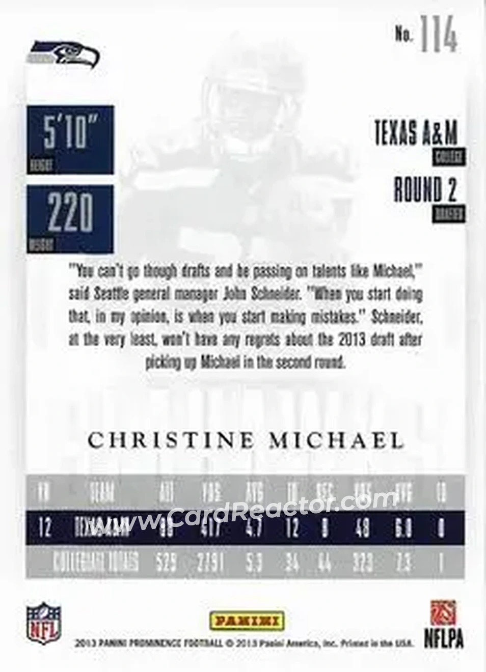 2013 Panini Prominence #114 - Christine Michael - Seattle Seahawks - Back