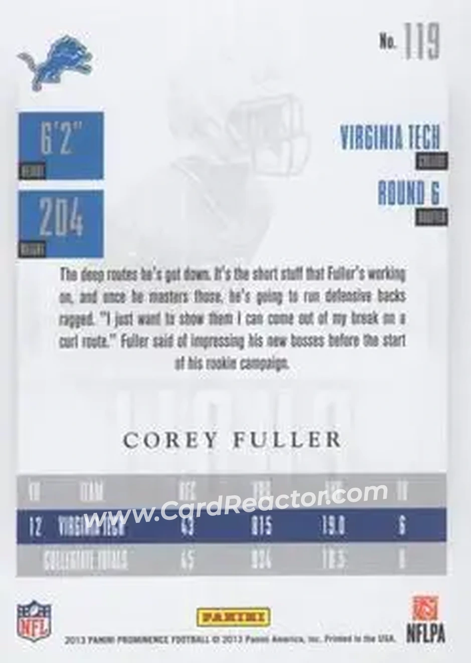 2013 Panini Prominence #119 - Corey Fuller - Detroit Lions - Back