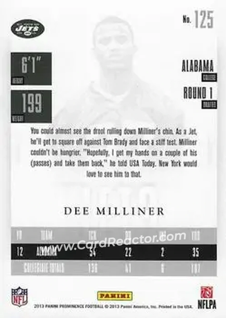 2013 Panini Prominence #125 - Dee Milliner - New York Jets - Back
