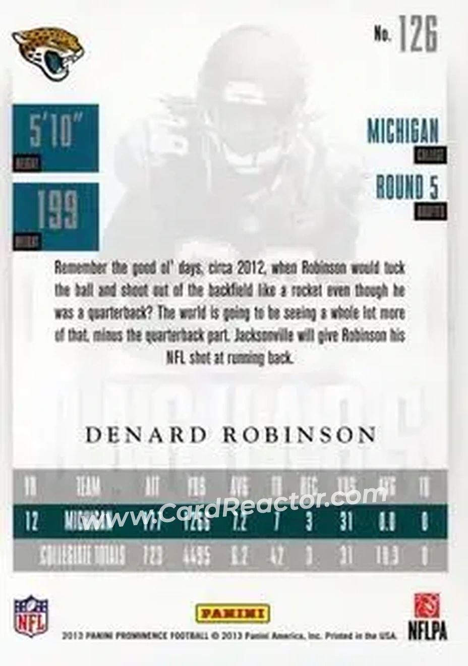 2013 Panini Prominence #126 - Denard "Shoelace" Robinson - Jacksonville Jaguars - Back 2013 Panini Prominence #126 - Denard "Shoelace" Robinson - Jacksonville Jaguars - Back