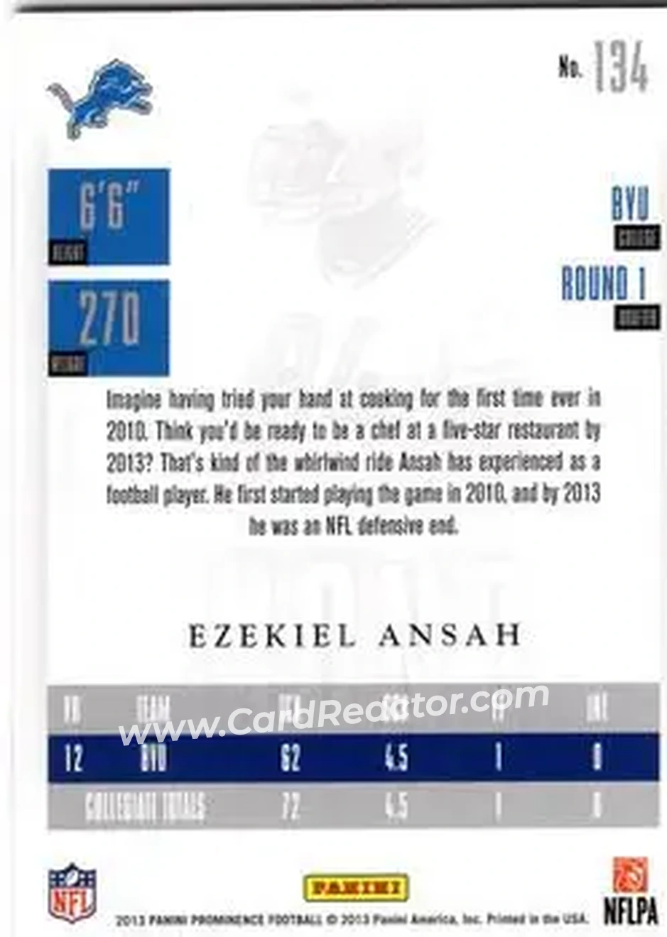 2013 Panini Prominence #134 - Ezekiel Ansah - Detroit Lions - Back 2013 Panini Prominence #134 - Ezekiel Ansah - Detroit Lions - Back