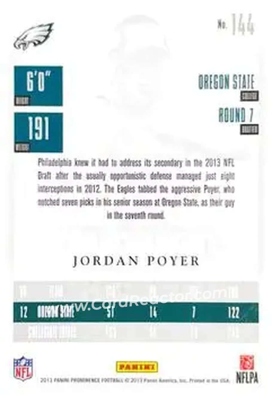 2013 Panini Prominence #144 - Jordan Poyer - Philadelphia Eagles - Back