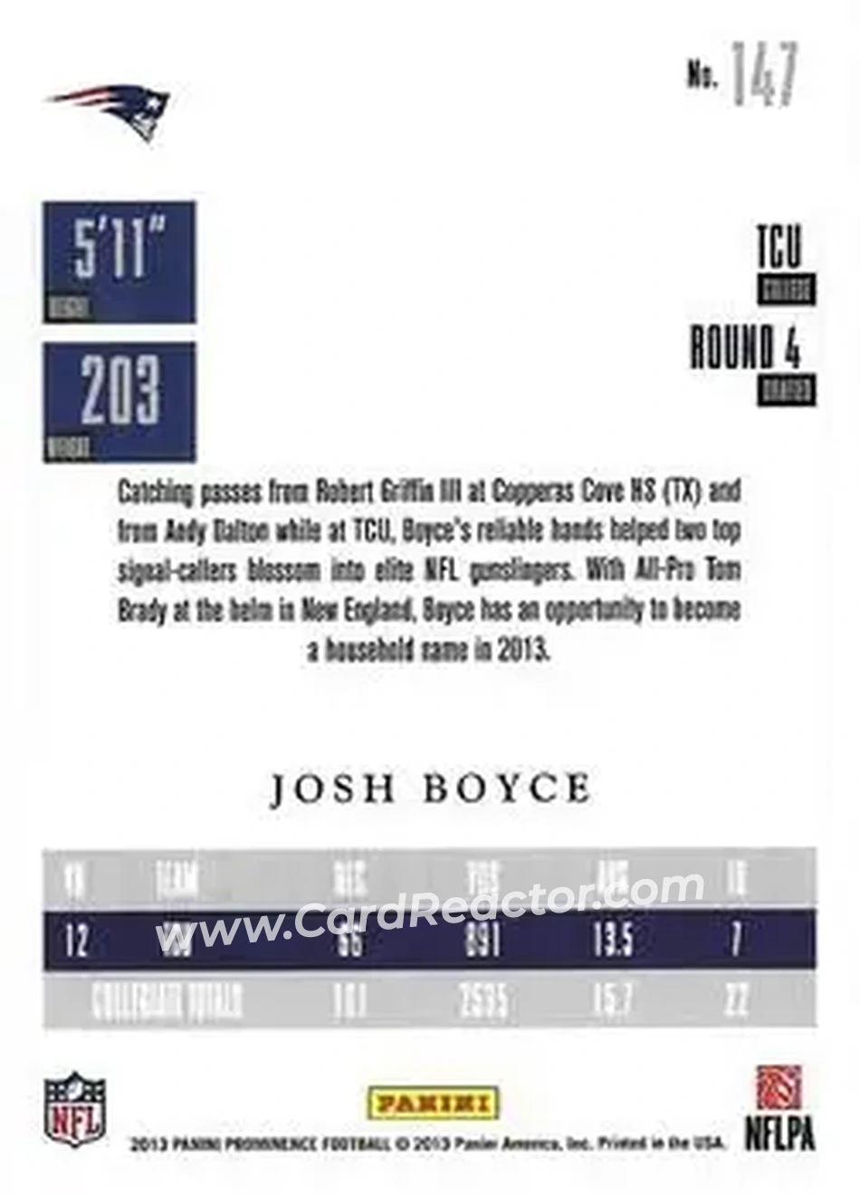 2013 Panini Prominence #147 - Josh Boyce - New England Patriots - Back 2013 Panini Prominence #147 - Josh Boyce - New England Patriots - Back