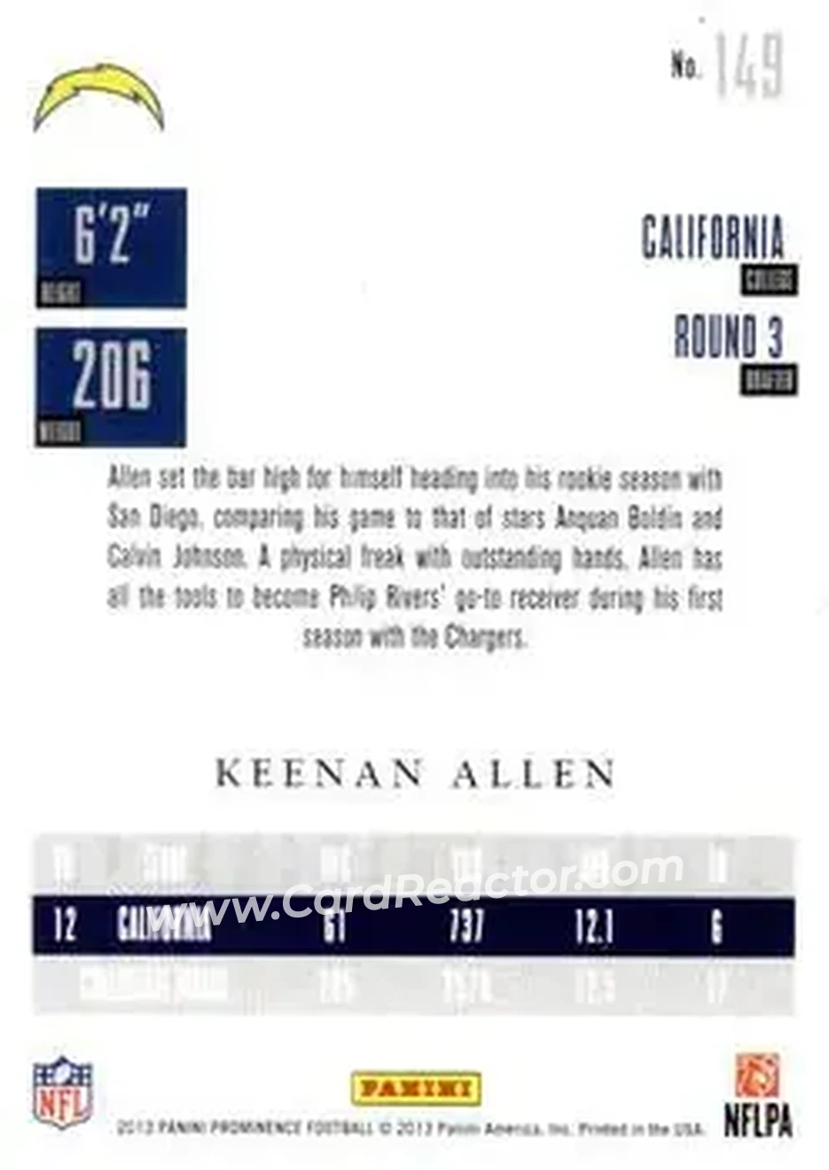2013 Panini Prominence #149 - Keenan Allen - San Diego Chargers - Back
