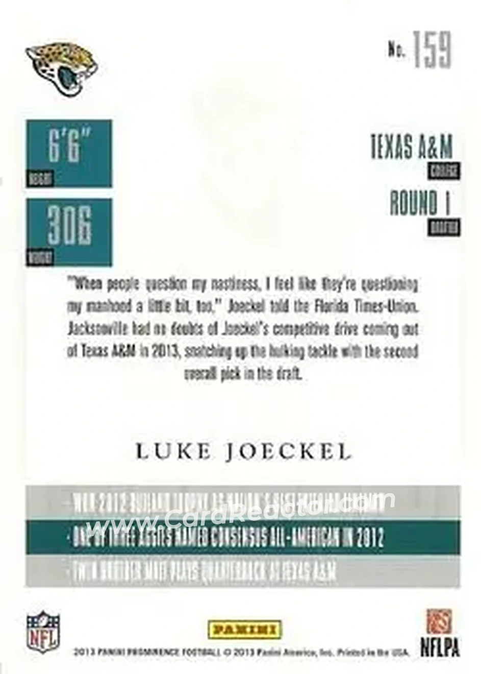 2013 Panini Prominence #159 - Luke Joeckel - Jacksonville Jaguars - Back