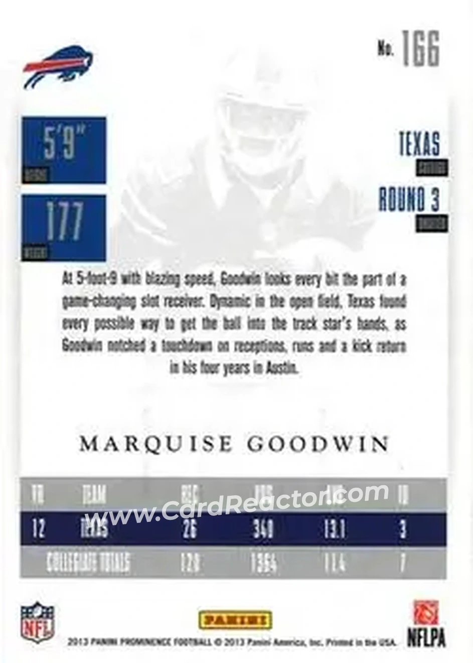 2013 Panini Prominence #166 - Marquise Goodwin - Buffalo Bills - Back 2013 Panini Prominence #166 - Marquise Goodwin - Buffalo Bills - Back
