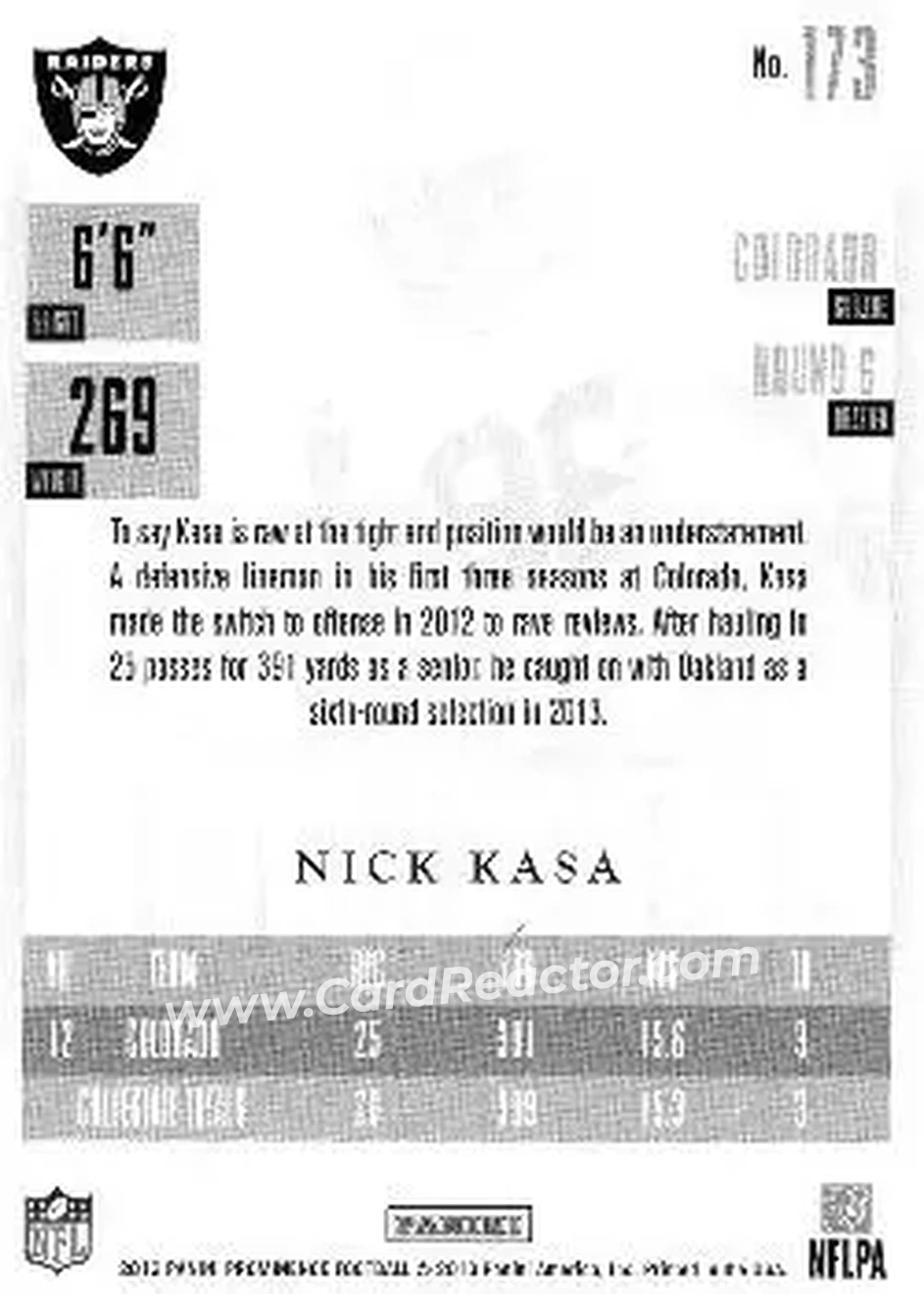 2013 Panini Prominence #173 - Nick Kasa - Oakland Raiders - Back