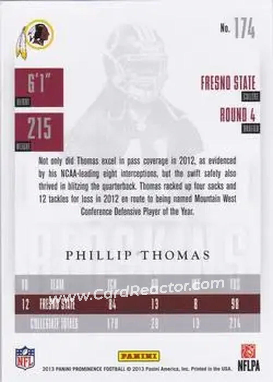 2013 Panini Prominence #174 - Phillip Thomas - Washington Redskins - Back