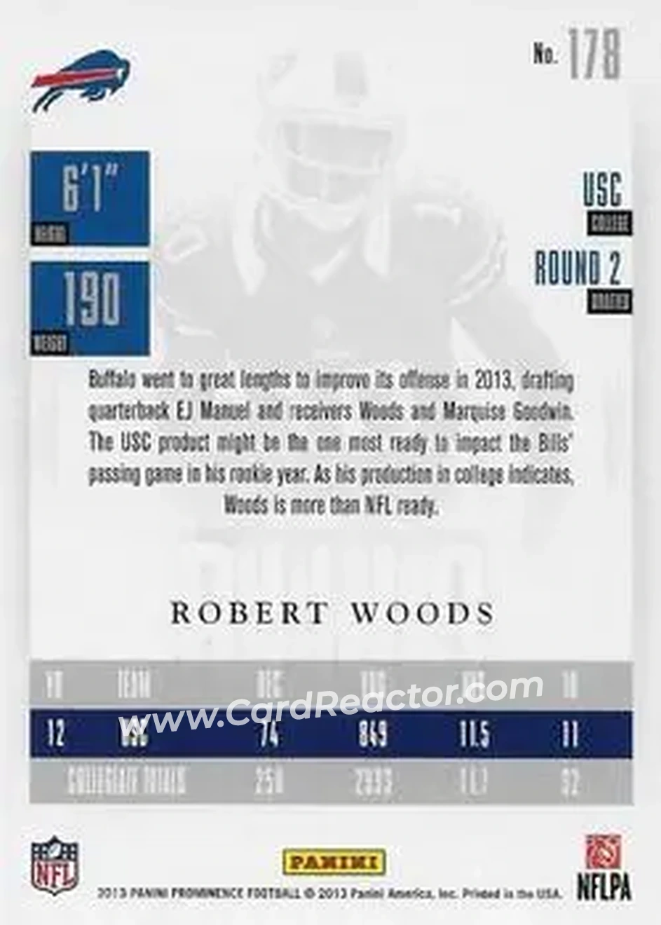 2013 Panini Prominence #178 - Robert Woods - Buffalo Bills - Back