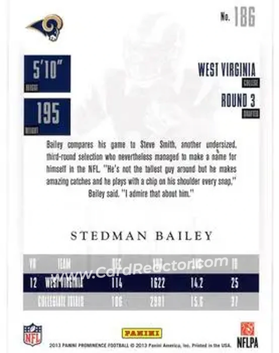 2013 Panini Prominence #186 - Stedman Bailey - St. Louis Rams - Back