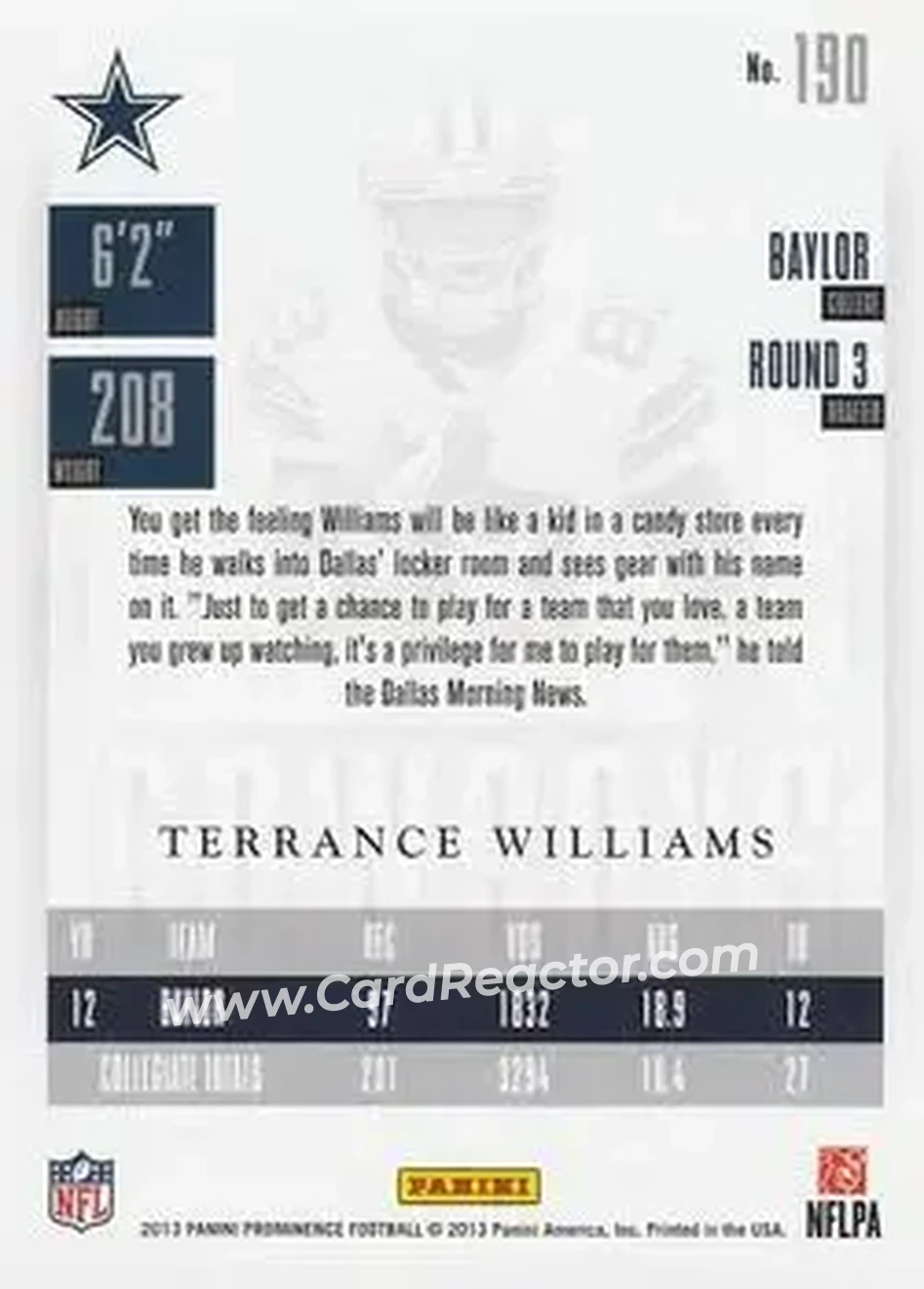 2013 Panini Prominence #190 - Terrance Williams - Dallas Cowboys - Back 2013 Panini Prominence #190 - Terrance Williams - Dallas Cowboys - Back