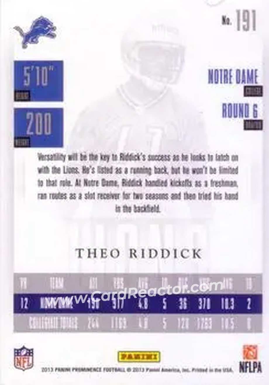 2013 Panini Prominence #191 - Theo Riddick - Detroit Lions - Back 2013 Panini Prominence #191 - Theo Riddick - Detroit Lions - Back