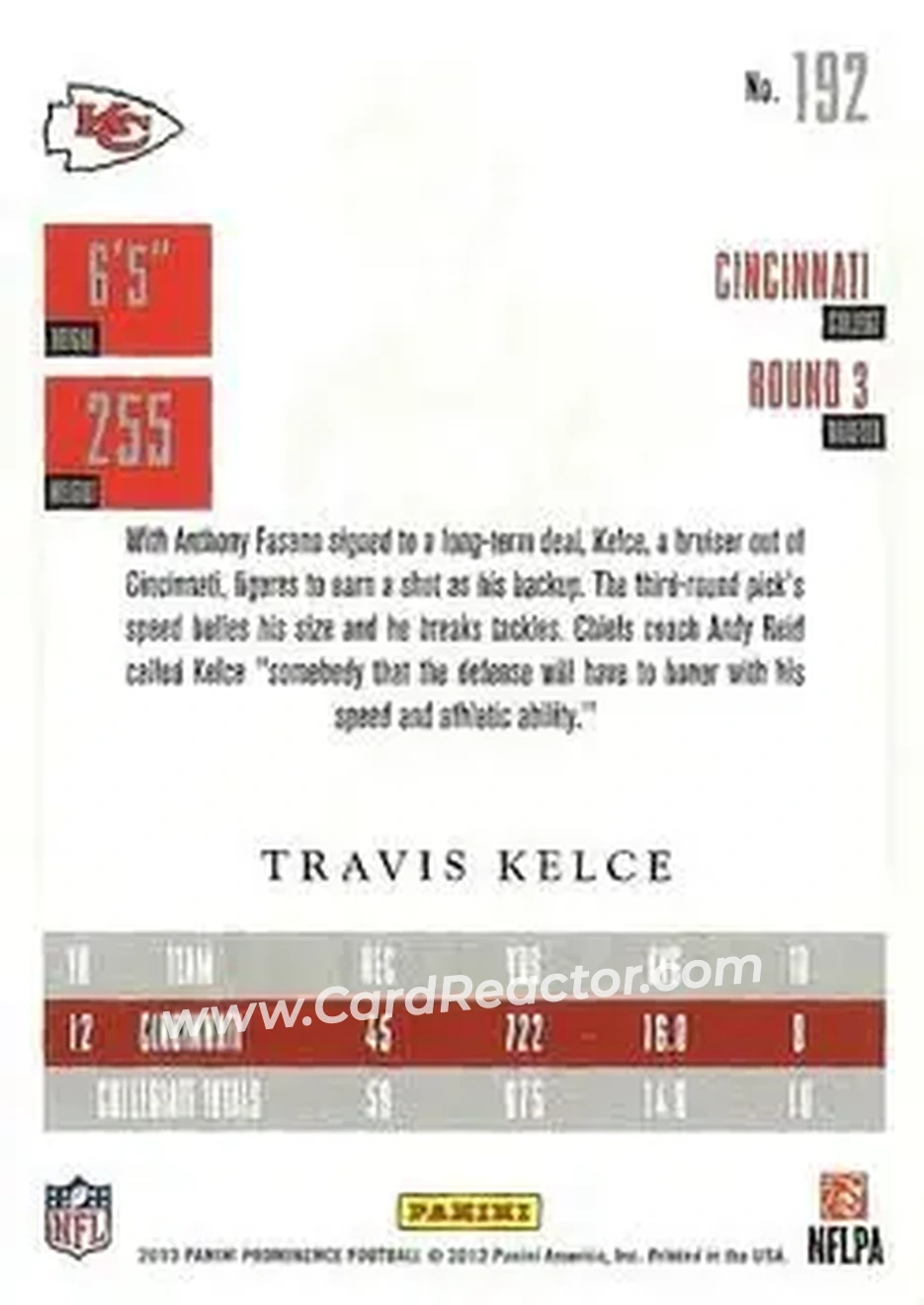 2013 Panini Prominence #192 - Travis Kelce - Kansas City Chiefs - Back 2013 Panini Prominence #192 - Travis Kelce - Kansas City Chiefs - Back