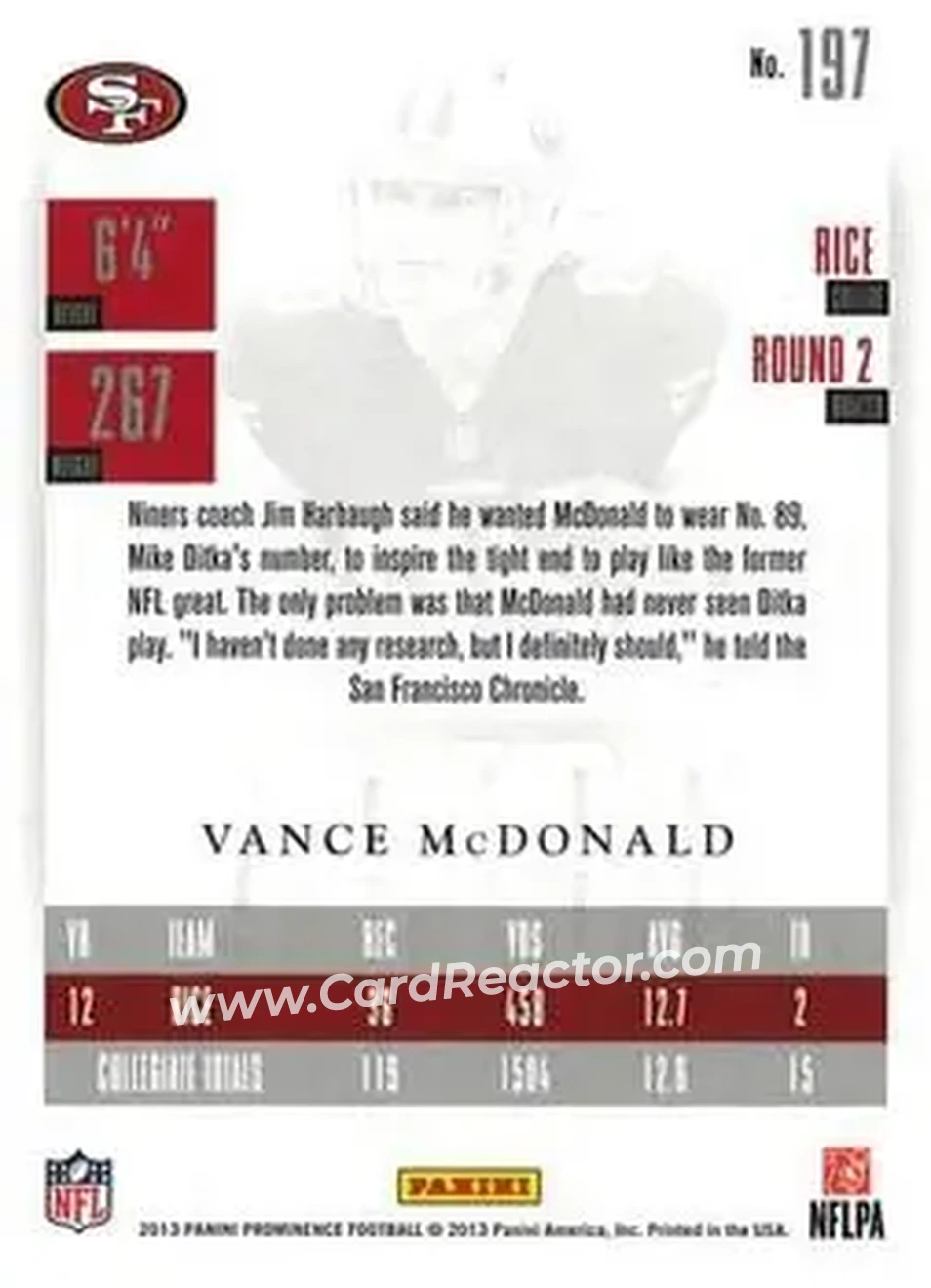 2013 Panini Prominence #197 - Vance McDonald - San Francisco 49ers - Back 2013 Panini Prominence #197 - Vance McDonald - San Francisco 49ers - Back