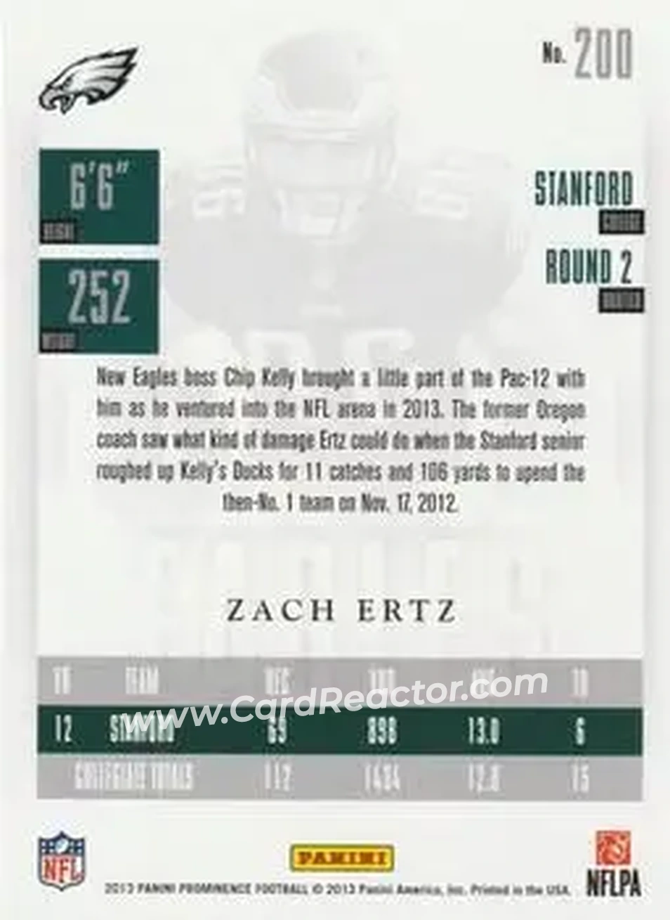 2013 Panini Prominence #200 - Zach Ertz - Philadelphia Eagles - Back