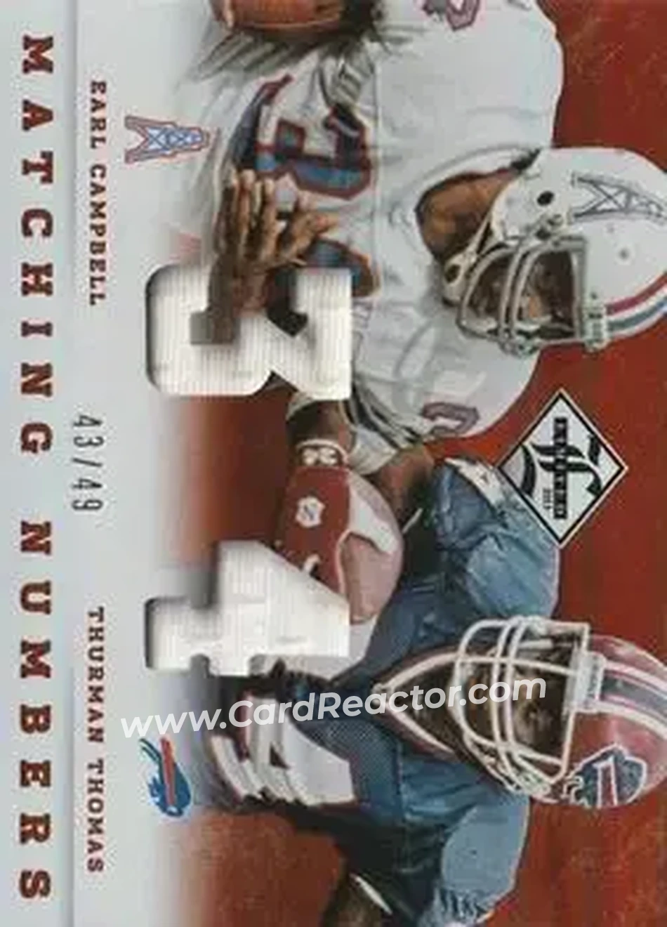 2013 Panini Limited - Matching Numbers #4 - Earl Campbell - Thurman Thomas MEM, SN49 - Houston Oilers - Buffalo Bills - Front 2013 Panini Limited - Matching Numbers #4 - Earl Campbell - Thurman Thomas MEM, SN49 - Houston Oilers - Buffalo Bills - Front