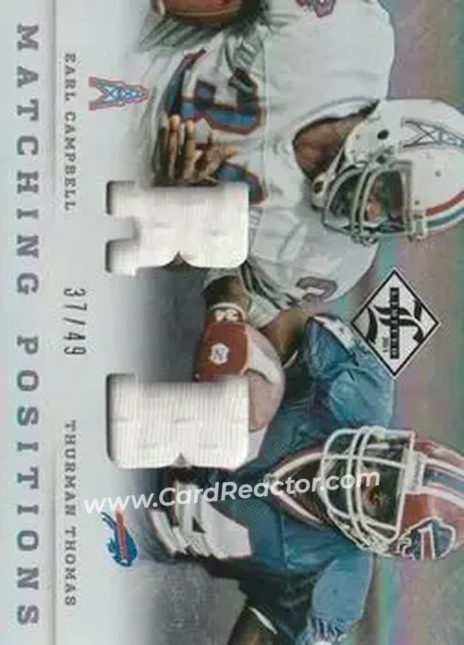2013 Panini Limited - Matching Positions #4 - Earl Campbell - Thurman Thomas MEM, SN49 - Houston Oilers - Buffalo Bills - Front 2013 Panini Limited - Matching Positions #4 - Earl Campbell - Thurman Thomas MEM, SN49 - Houston Oilers - Buffalo Bills - Front