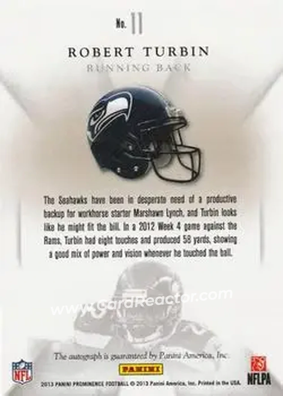 2013 Panini Prominence - Eminence Signatures #11 - Robert Turbin - Seattle Seahawks - Back