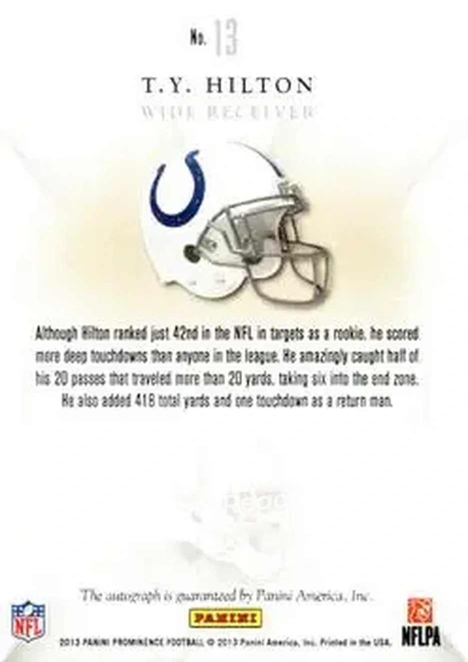 2013 Panini Prominence - Eminence Signatures #13 - T.Y. Hilton - Indianapolis Colts - Back
