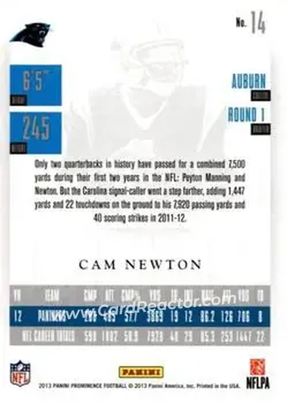 2013 Panini Prominence - Gold #14 - Cam Newton - Carolina Panthers - Back
