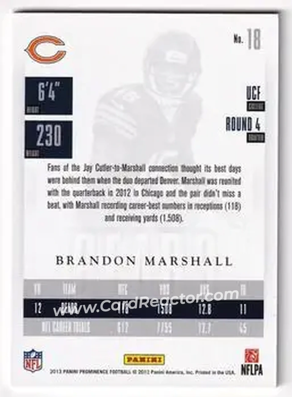2013 Panini Prominence - Gold #18 - Brandon Marshall - Chicago Bears - Back