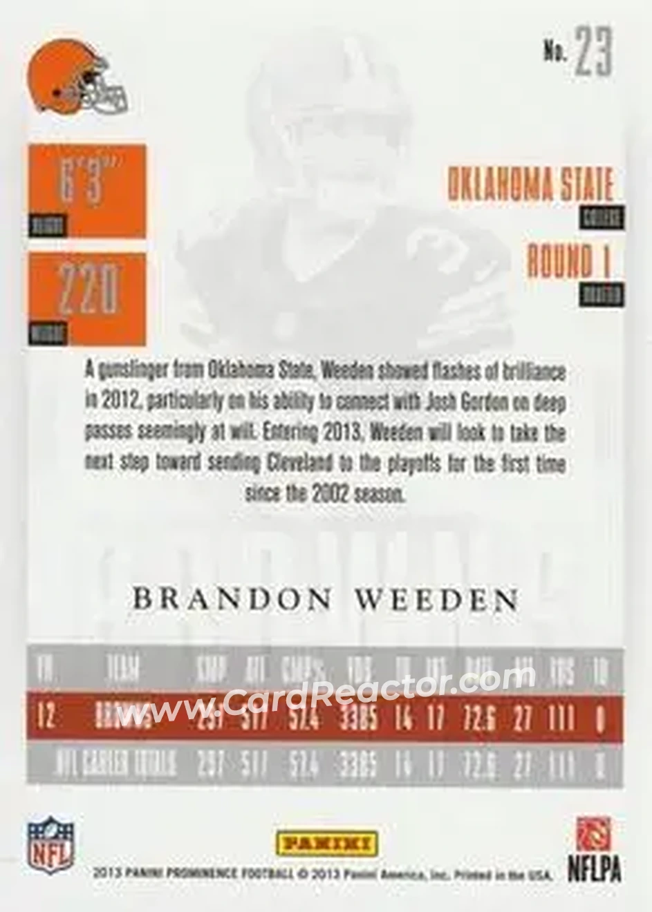 2013 Panini Prominence - Gold #23 - Brandon Weeden - Cleveland Browns - Back 2013 Panini Prominence - Gold #23 - Brandon Weeden - Cleveland Browns - Back