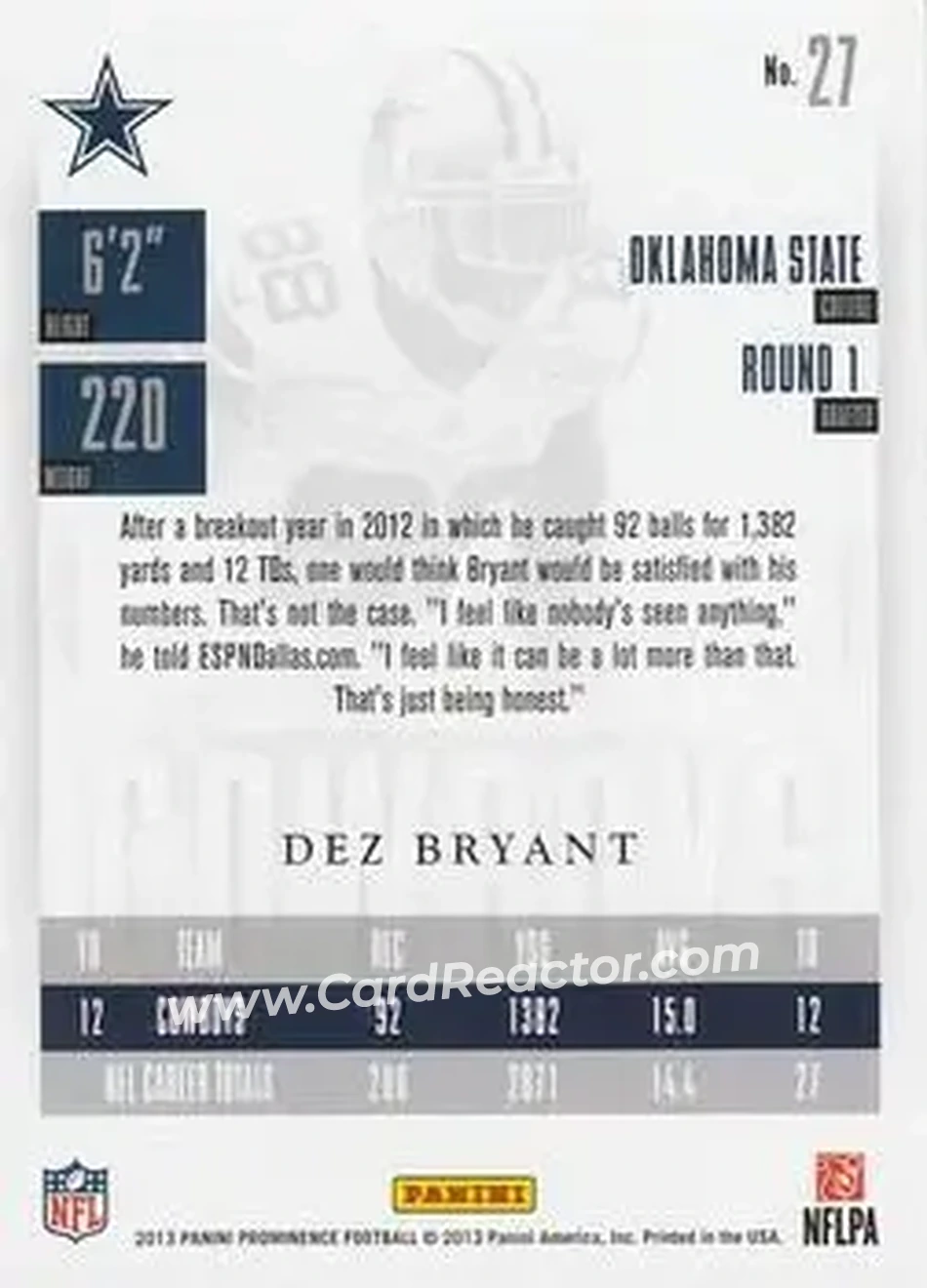 2013 Panini Prominence - Gold #27 - Dez Bryant - Dallas Cowboys - Back