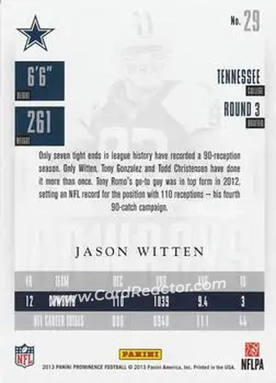 2013 Panini Prominence - Gold #29 - Jason Witten - Dallas Cowboys - Back
