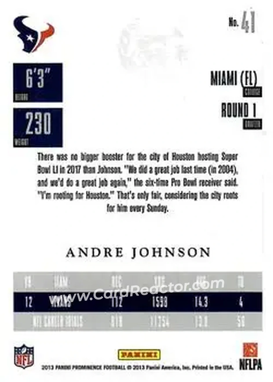 2013 Panini Prominence - Gold #41 - Andre Johnson - Houston Texans - Back 2013 Panini Prominence - Gold #41 - Andre Johnson - Houston Texans - Back